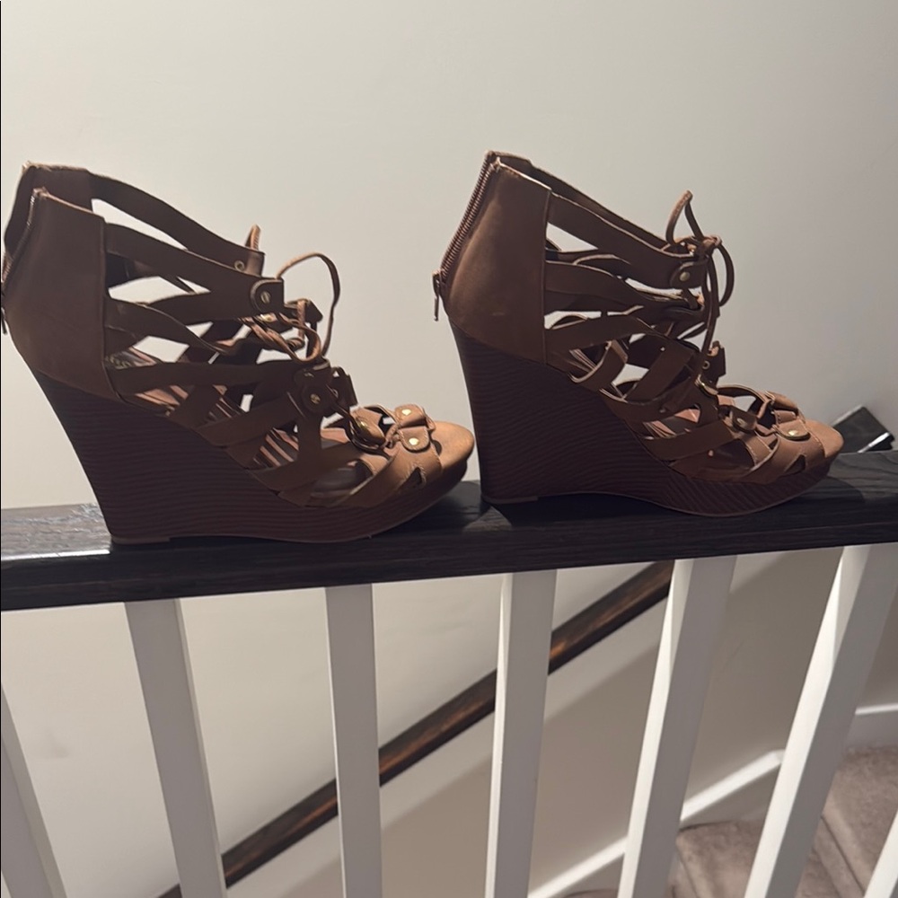 Dollhouse Brown Wedge Sandals with Strappy Design